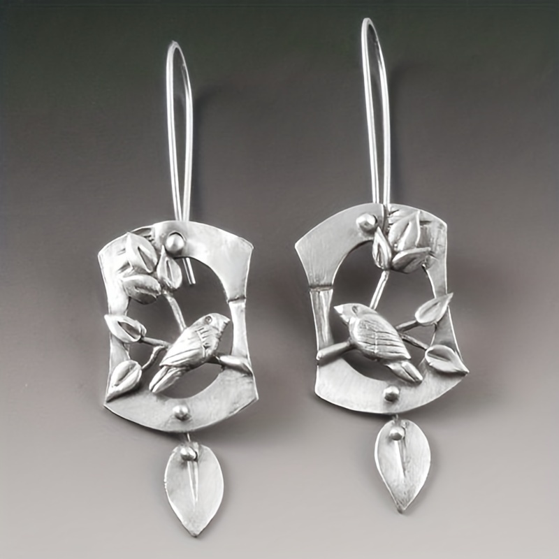 Gothic Retro Hollow Leaf Bird Pendant Earrings